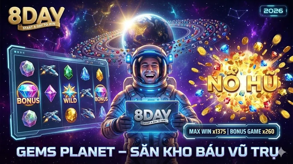 Banner game Gems Planet - Săn kho báu vũ trụ tại 8Day với giao diện slot machine và hình ảnh phi hành gia nổ hũ jackpot.