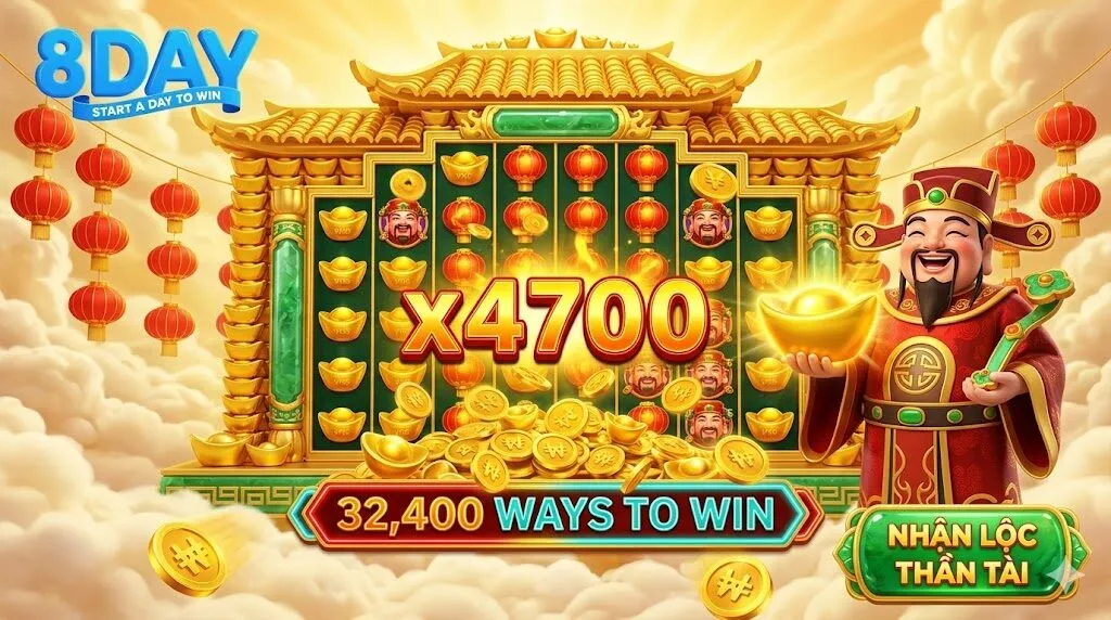 Giao diện game nổ hũ Caishen Coming tại 8Day với 32.400 cách thắng, hình ảnh Thần Tài ban lộc và hệ số nhân cực đại x4700 mang lại cơ hội trúng Jackpot lớn.