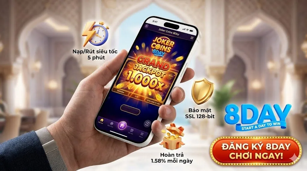 Trải nghiệm chơi Joker Coins mượt mà trên điện thoại di động tại 8Day với hệ thống nạp rút siêu tốc 5 phút, bảo mật SSL và hoàn trả 1.58% mỗi ngày.