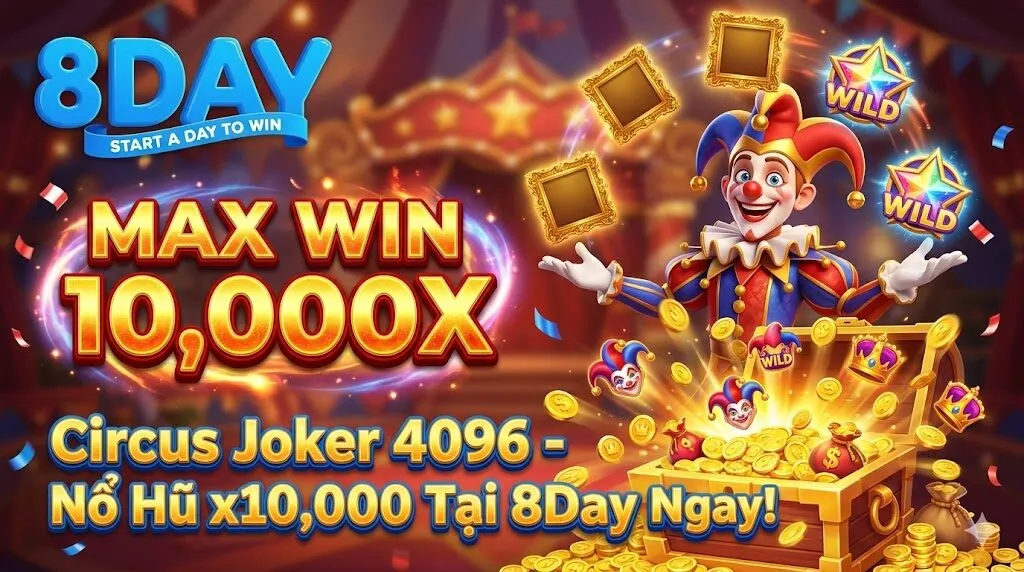 Hình ảnh chú hề Joker và rạp xiếc ma thuật với cơ hội nổ hũ thắng tối đa lên đến 10,000 lần tiền cược tại nhà cái 8Day.