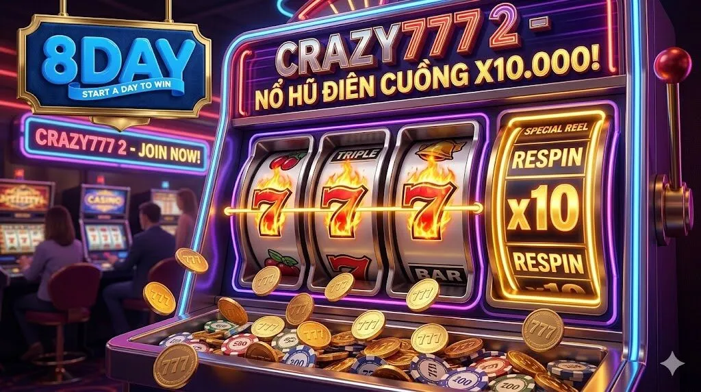 Banner nổi bật về game slot Crazy 777 2 tại nhà cái 8Day với giao diện retro và giải nổ hũ tối đa x10,000 lần.