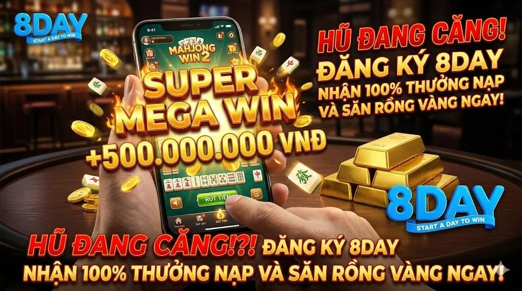 Cận cảnh bàn tay cầm điện thoại đang chạm nút RÚT TIỀN (Withdraw) sau khi trúng SUPER MEGA WIN 500.000.000 VNĐ trong game Mahjong Wins 2 8Day. Bên cạnh là thỏi vàng, logo 8Day và dòng chữ overlay 'HŨ ĐANG CĂNG! ĐĂNG KÝ 8DAY NHẬN 100% THƯỞNG NẠP VÀ SĂN RỒNG VÀNG NGAY!
