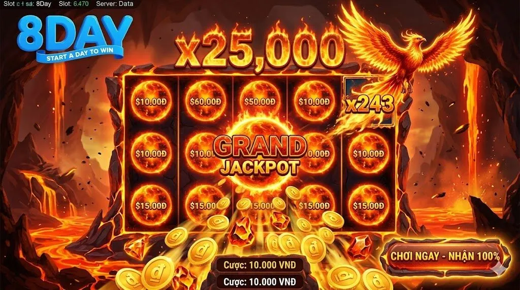 Giao diện game slot Elemental Link Fire với khoảnh khắc nổ hũ Grand Jackpot, biểu tượng Phượng Hoàng LửaExpanding Wild x243, con số X25,000, logo 8Day và nút CTA CHƠI NGAY.
