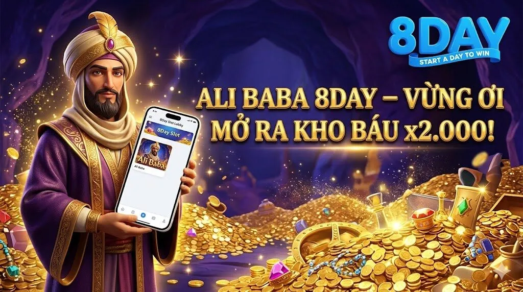 Trải nghiệm game nổ hũ Ali Baba 8Day từ Jili Games với cơ hội mở ra kho báu Jackpot x2.000 lần mức cược.