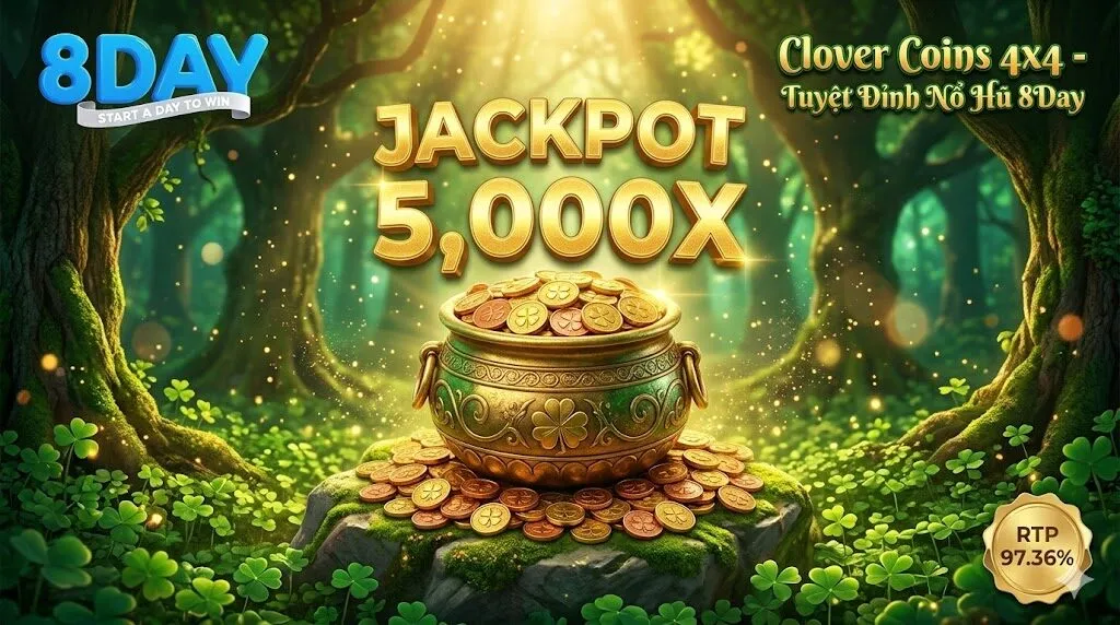 Hũ vàng khổng lồ thể hiện cơ hội trúng giải thưởng Grand Jackpot 5000x cực khủng của game nổ hũ Clover Coins 4x4 tại nhà cái 8Day.