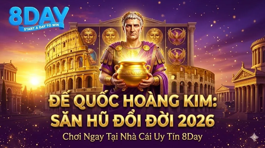 Hình ảnh đại diện game nổ hũ Đế Quốc Hoàng Kim tại nhà cái 8Day với bối cảnh hoàng đế La Mã và bí quyết săn hũ đổi đời mới nhất 2026.