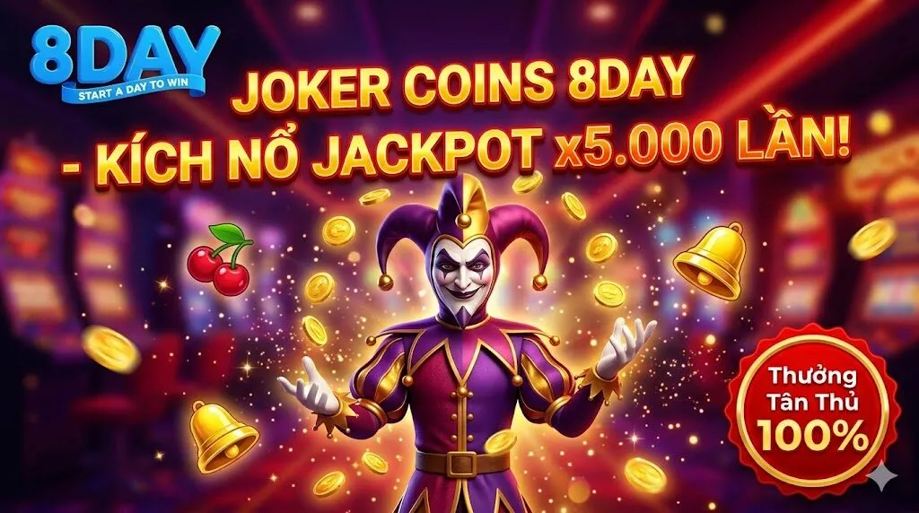 Trải nghiệm game nổ hũ Joker Coins tại nhà cái 8Day với cơ hội trúng Jackpot x5.000 lần mức cược và ưu đãi thưởng tân thủ 100%.