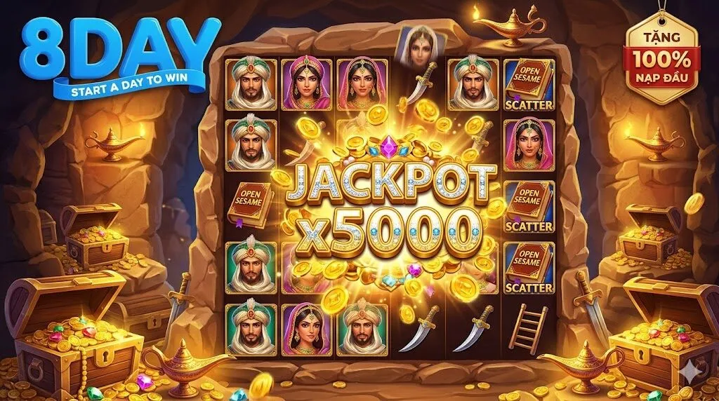 Giao diện game nổ hũ Open Sesame Mega trúng Jackpot cực khủng tại nhà cái 8Day.