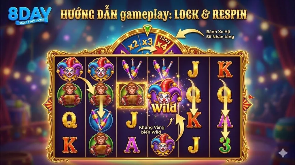 Giao diện gameplay Circus Joker 4096 minh họa chi tiết cơ chế Khung Vàng biến Wild và bánh xe hệ số nhân tăng dần lên đến x4096.