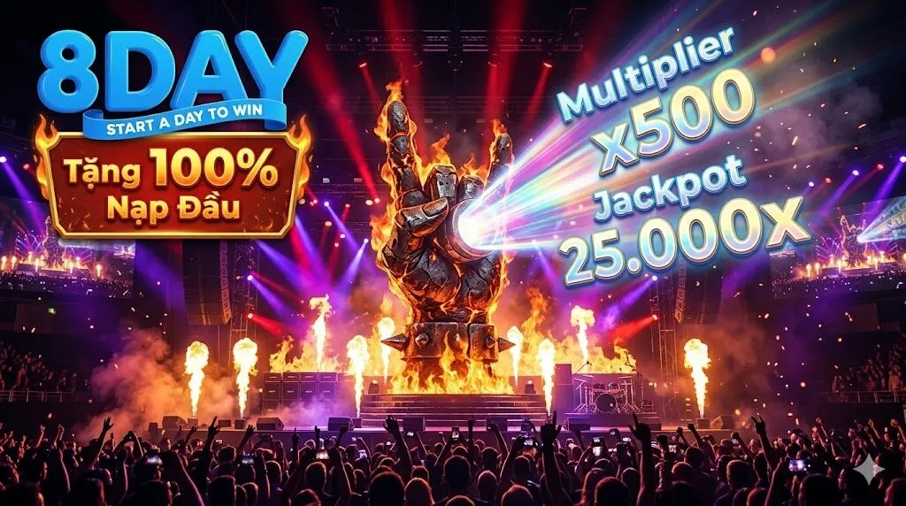 Bàn tay thép Wild rực lửa mang hệ số nhân x500 và Jackpot 25.000x trong siêu phẩm game slot Inferno Mayhem 8Day, kèm ưu đãi tặng 100% nạp đầu.