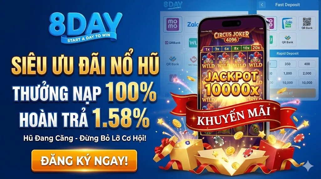 Trải nghiệm game Circus Joker 4096 trên điện thoại cùng chương trình khuyến mãi 8Day thưởng nạp 100% và hoàn trả 1.58% cho hội viên.
