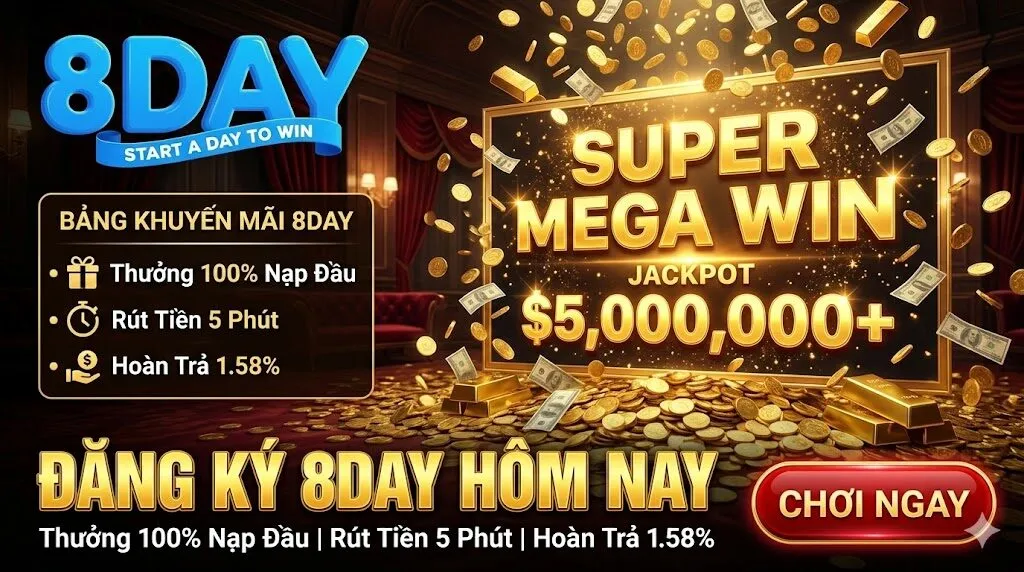 Màn hình trúng lớn Super Mega Win và bảng khuyến mãi thưởng 100% nạp đầu khi đăng ký tài khoản 8Day.