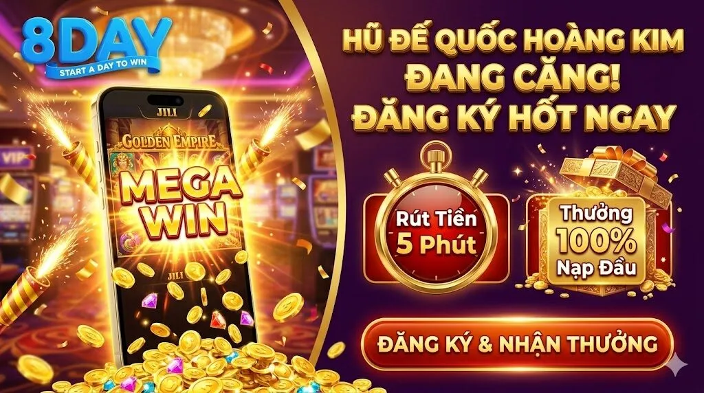 Đăng ký chơi Đế Quốc Hoàng Kim tại 8Day trúng Jackpot Mega Win, nhận ngay khuyến mãi thưởng 100% nạp đầu và trải nghiệm rút tiền siêu tốc 5 phút.