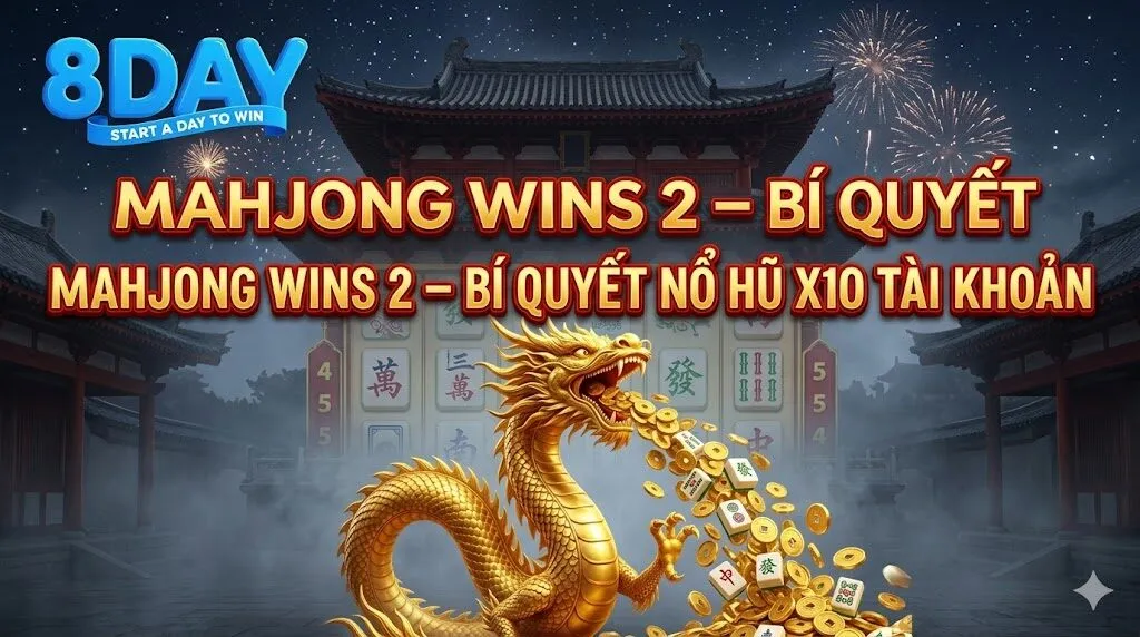 Hình ảnh đại diện bài viết Mahjong Wins 2 8Day: Chú Rồng Vàng 3D uốn lượn phun vàng và quân Mạt chược, logo nhà cái 8Day và dòng chữ 'MAHJONG WINS 2 – BÍ QUYẾT NỔ HŨ X10 TÀI KHOẢN' nổi bật trước đền cổ đêm pháo hoa.