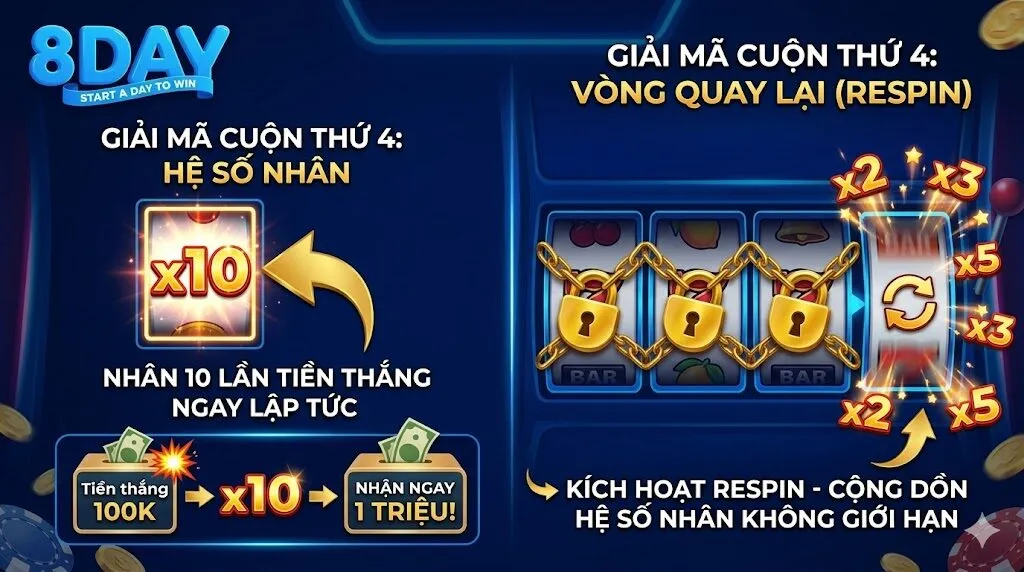 Infographic giải thích tính năng đặc biệt của cuộn thứ 4 trong game Crazy 777 2 giúp nhân 10 tiền thắng và kích hoạt Respin.