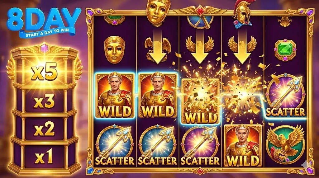 Minh họa chi tiết tính năng nổ hũ liên hoàn (Avalanche) và cột hệ số nhân tăng liên tục x5 trong vòng quay Đế Quốc Hoàng Kim 8Day.