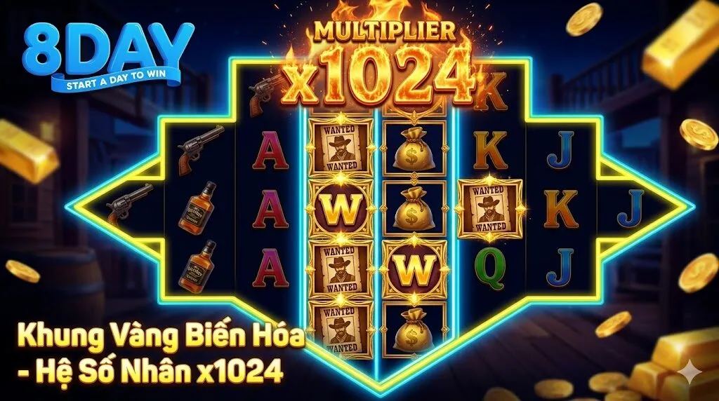 Mô phỏng lưới quay hình kim cương và tính năng Khung Vàng hóa Wild mang lại hệ số nhân x1024 trong Wild Bounty Showdown 8Day.