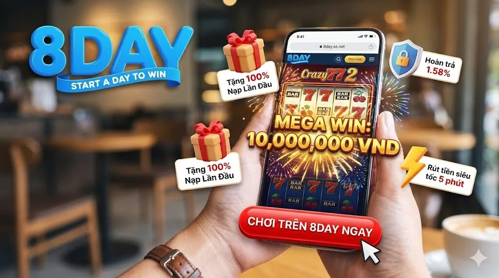 Người chơi trải nghiệm game slot thắng lớn tại 8Day với giao diện mobile và nút ĐĂNG KÝ nhận ưu đãi nạp 100%.