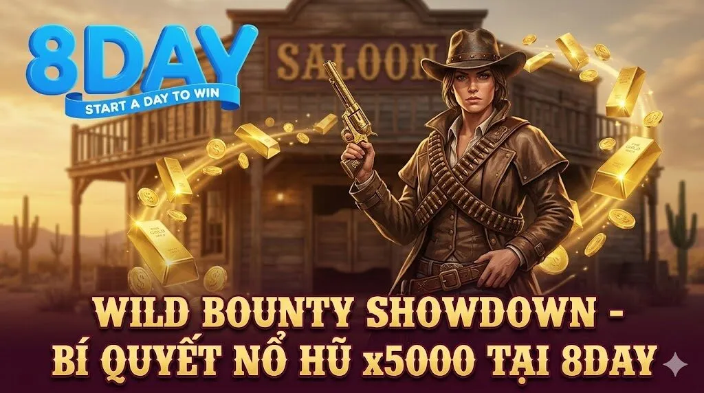 Nữ thợ săn Cass trong game slot Wild Bounty Showdown tại nhà cái 8Day với bí quyết nổ hũ x5000.